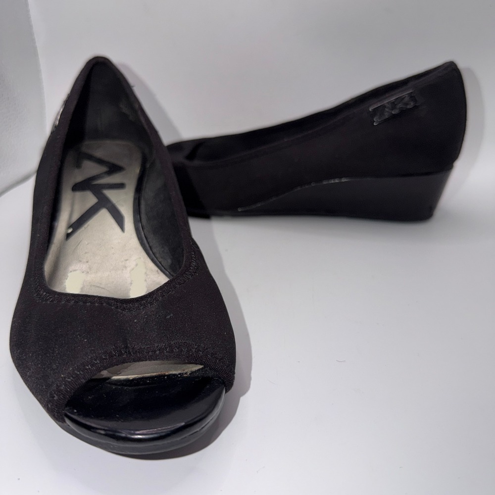 Anne Klein Sport Womens 8.5 Black Peep Toe Wedge Heels Classic Office Chic